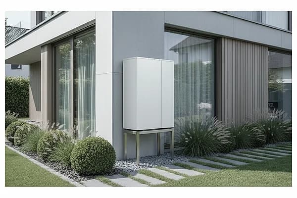 Moderne Wärmepumpe vor einem Einfamilienhaus