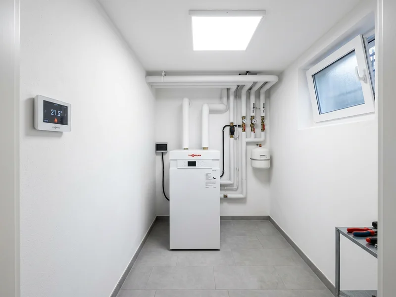 Heizungsraum — Moderne Wärmepumpe, bis zu 45% Ersparnis