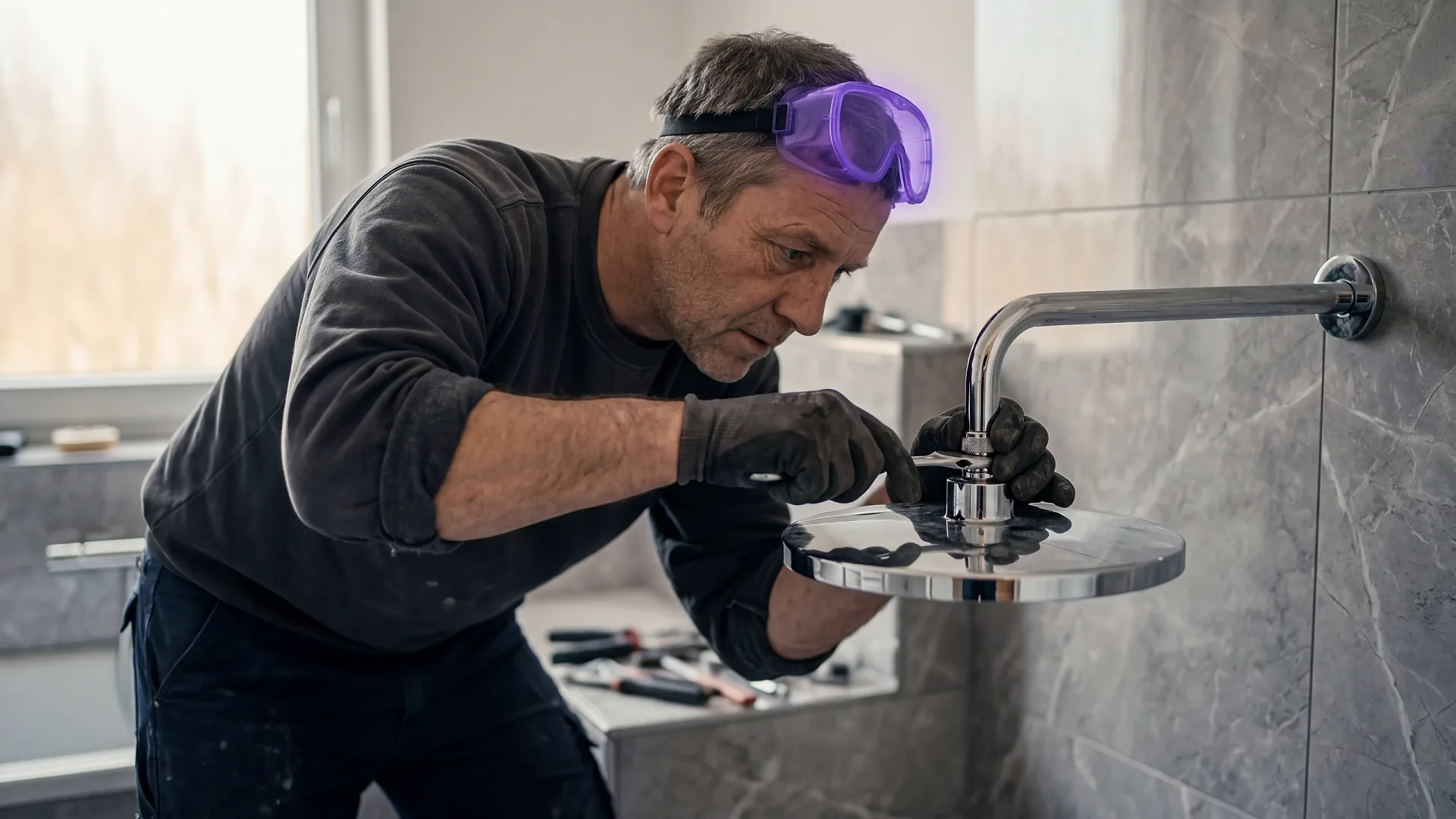 Handwerker bei der Arbeit an einer modernen Heizungsanlage