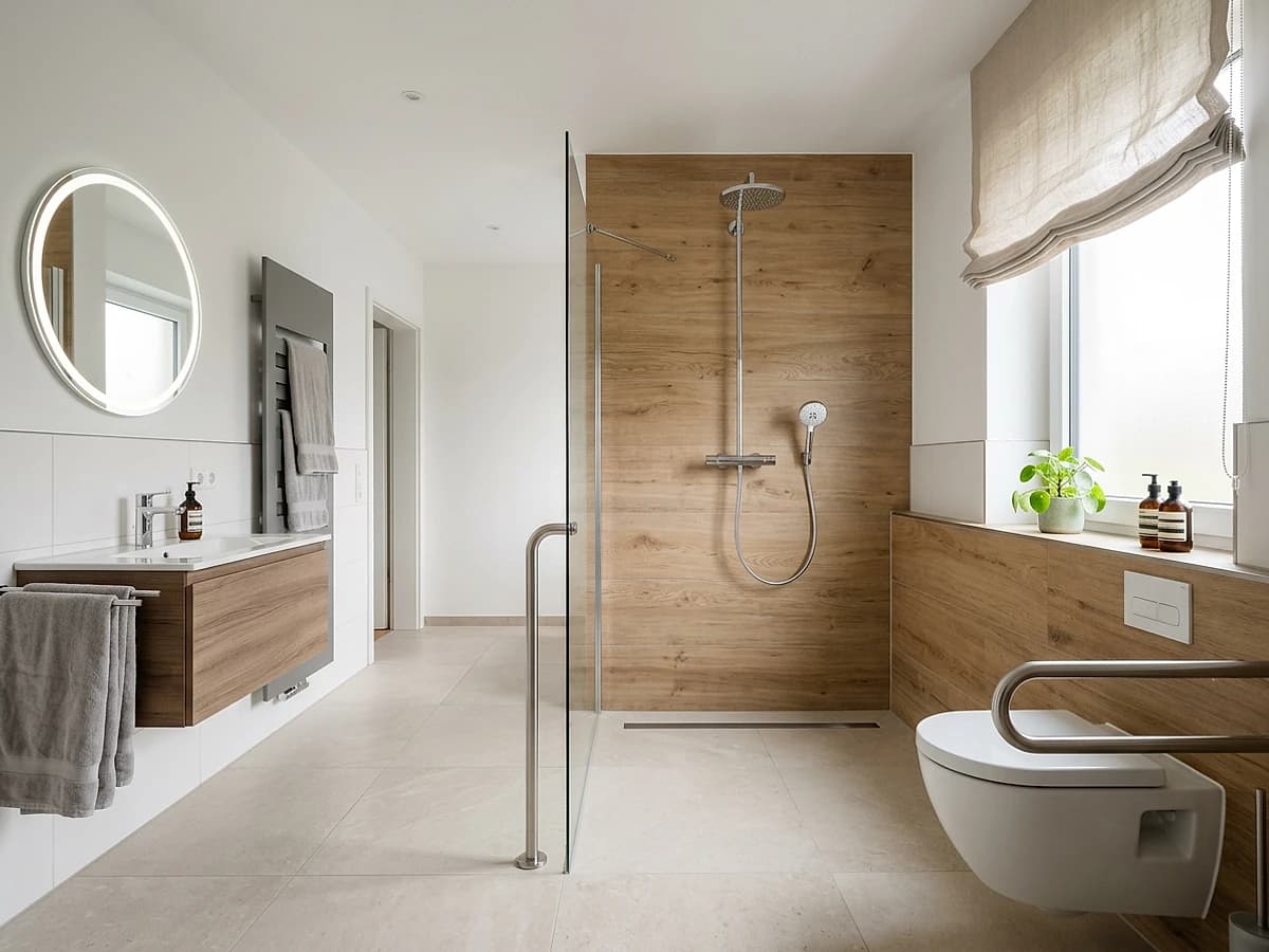 Helles, modernes Badezimmer mit Holzakzenten