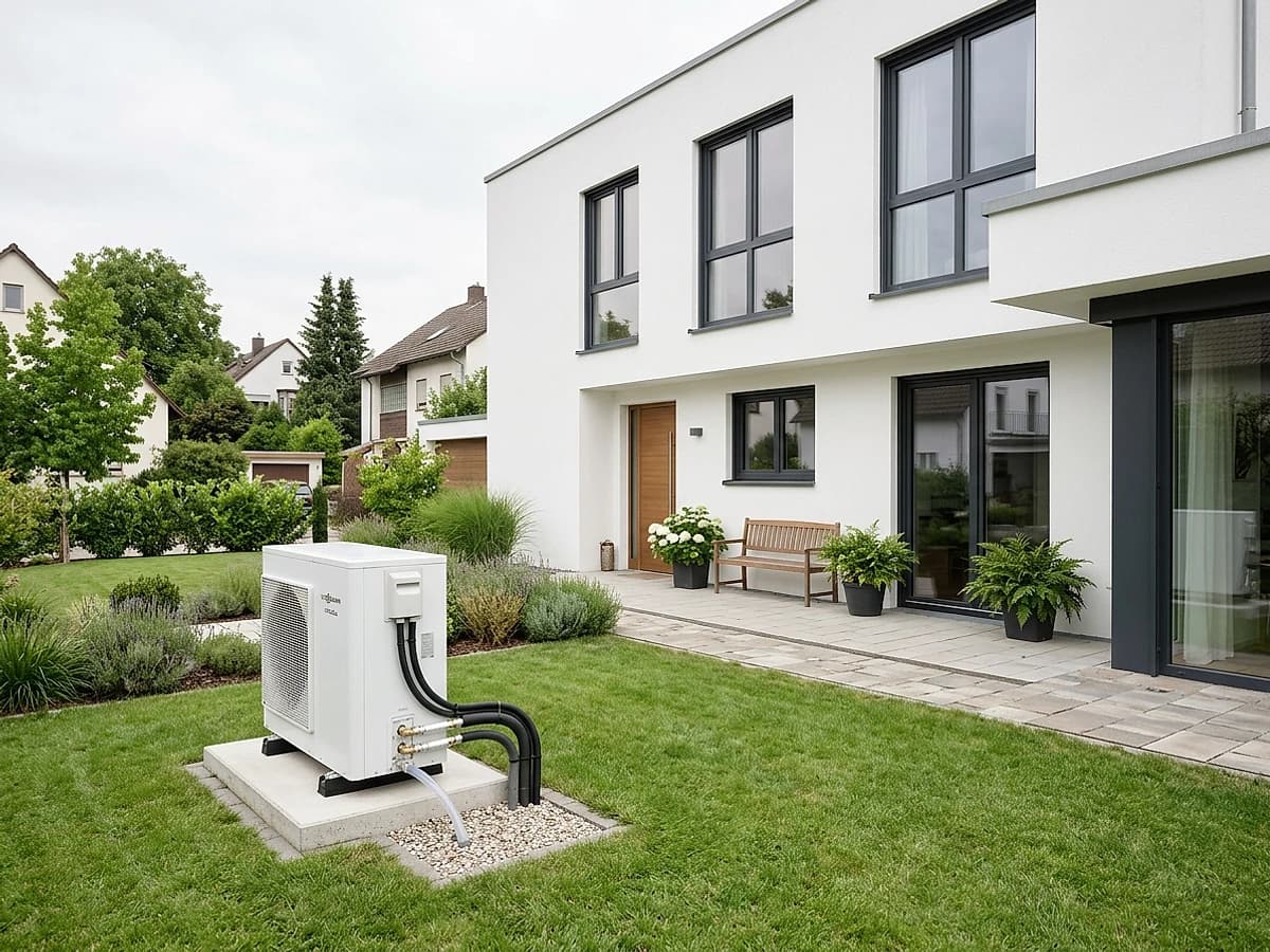 Modernes Einfamilienhaus mit Wärmepumpe im Garten